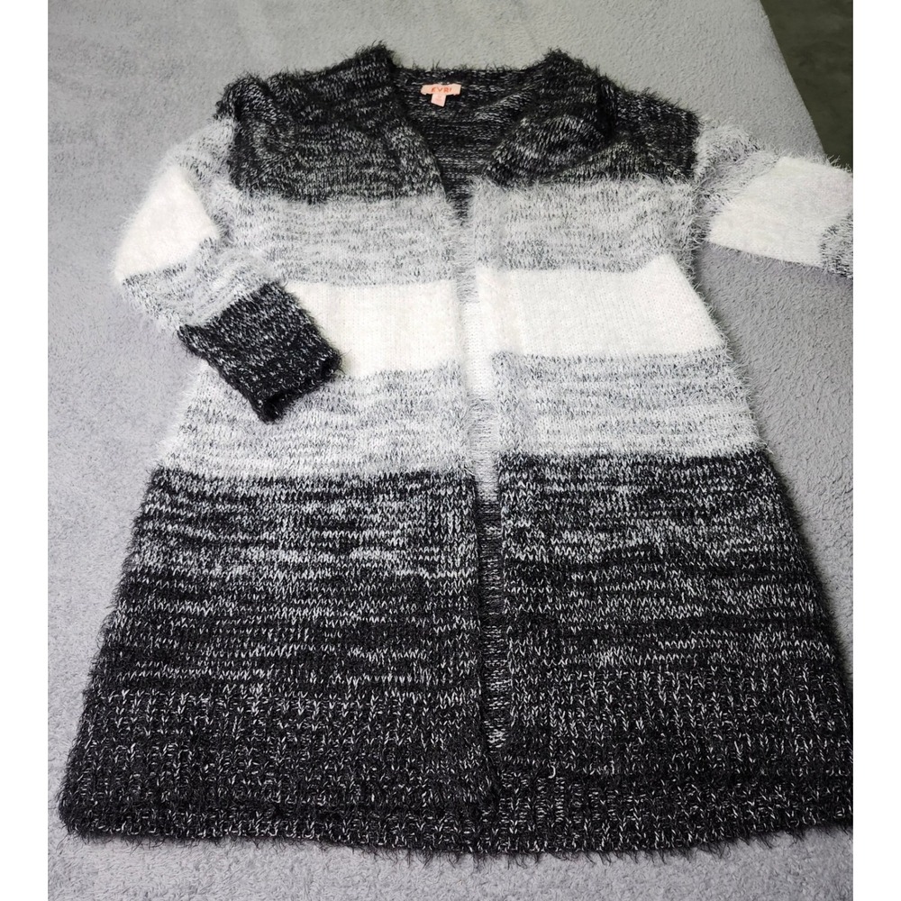 EVRI Womens 3X Cardigan Black Grey White Colorblock Eyelash Knit Open Front